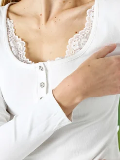 Solada Maglietta donna in cotone a maniche lunghe con dettaglio di pizzo - bianco
