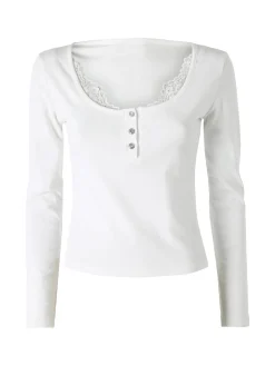Solada Maglietta donna in cotone a maniche lunghe con dettaglio di pizzo - bianco