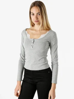 Solada Maglietta donna in cotone a maniche lunghe con dettaglio di pizzo - grigio