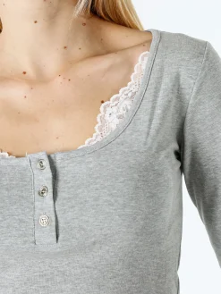 Solada Maglietta donna in cotone a maniche lunghe con dettaglio di pizzo - grigio