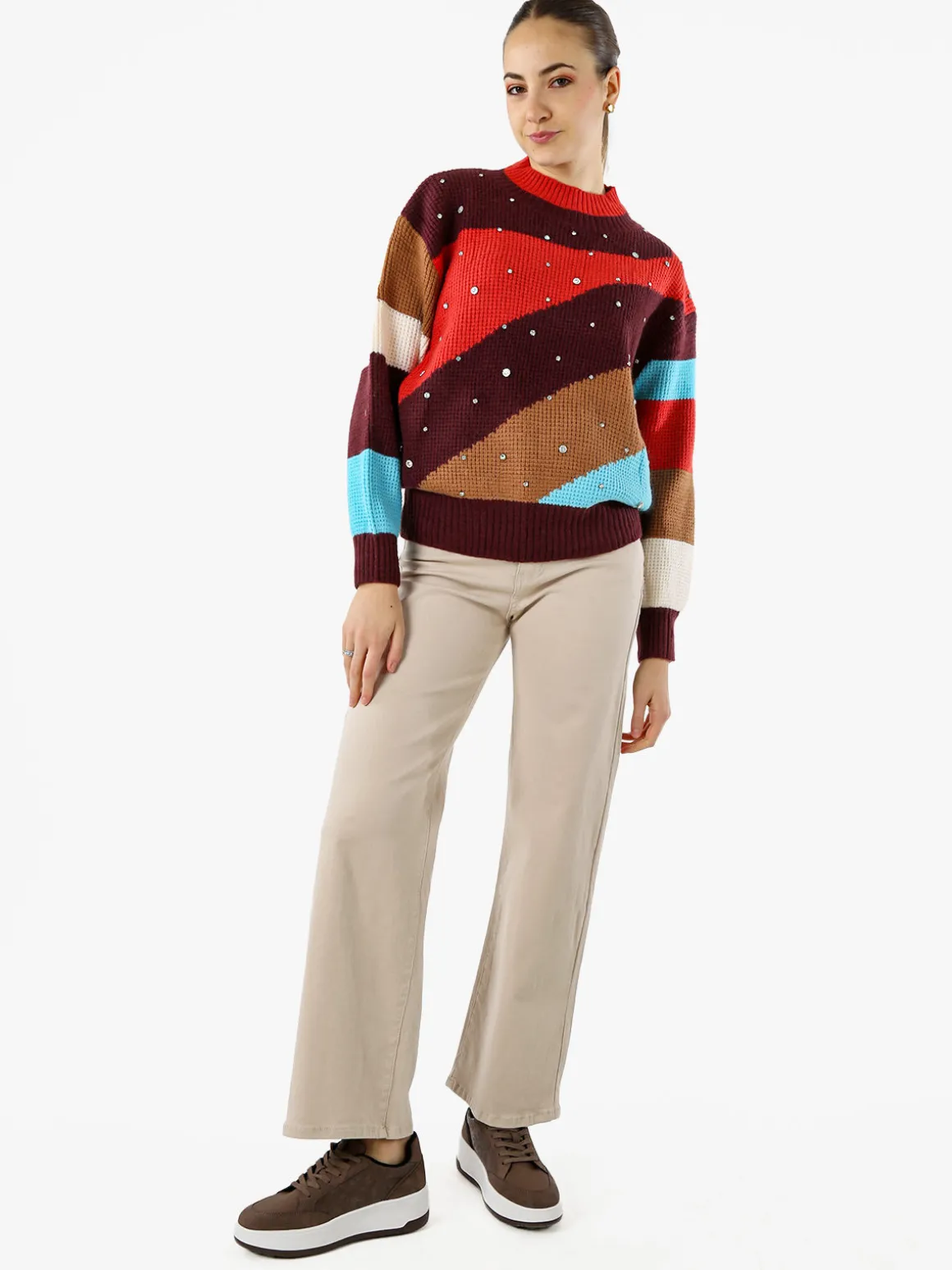 Solada Maglione donna oversize a blocchi di colore con strass - rosso