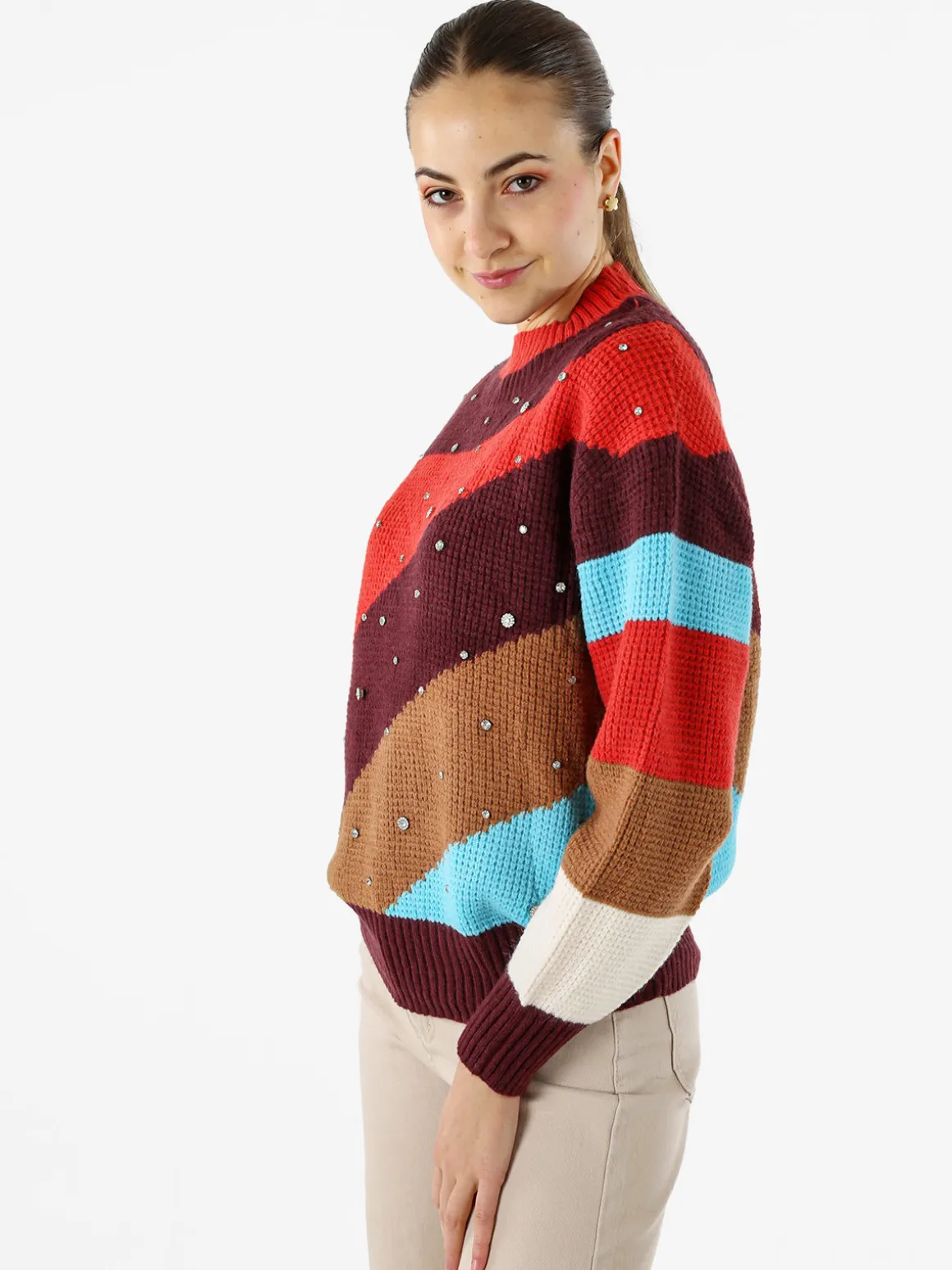 Solada Maglione donna oversize a blocchi di colore con strass - rosso