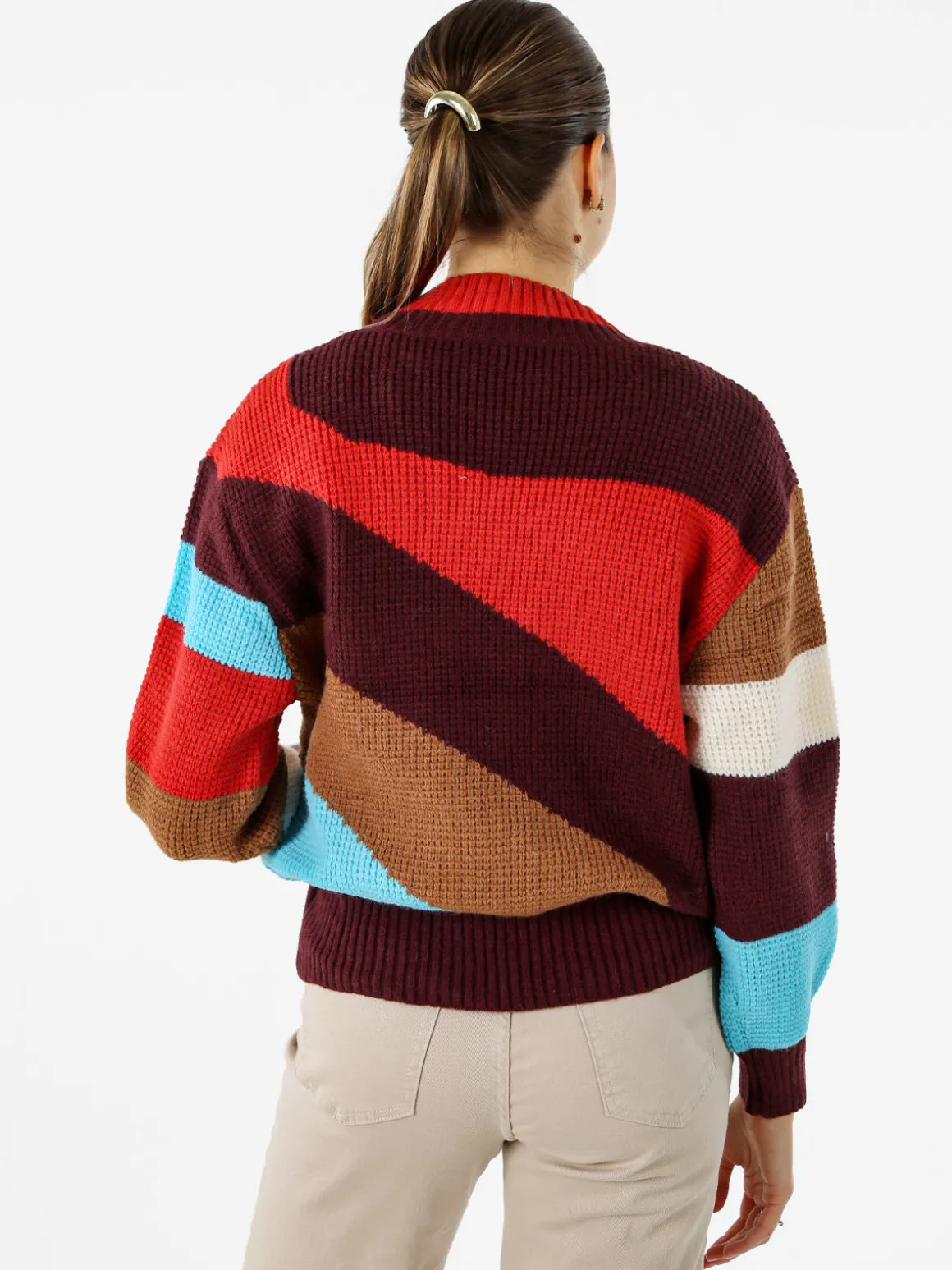 Solada Maglione donna oversize a blocchi di colore con strass - rosso