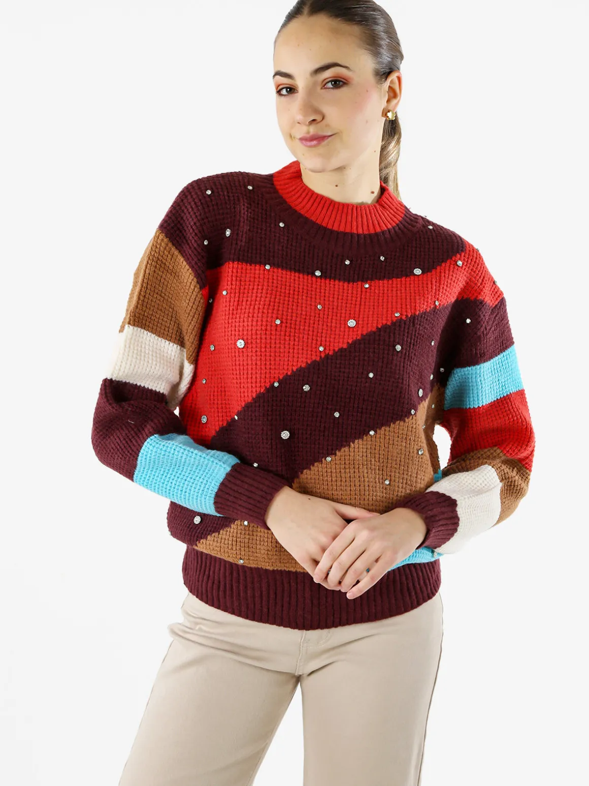 Solada Maglione donna oversize a blocchi di colore con strass - rosso