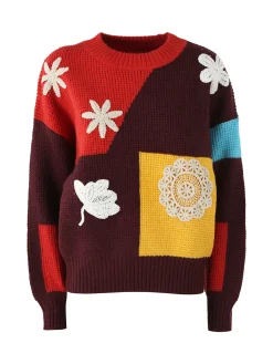 Solada Maglione donna oversize a blocchi di colore con ricami - arancione