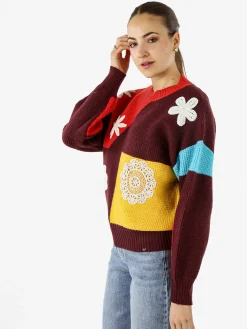 Solada Maglione donna oversize a blocchi di colore con ricami - arancione