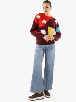 Solada Maglione donna oversize a blocchi di colore con ricami - arancione