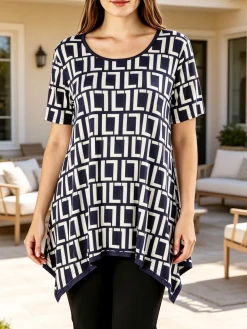 Solada Maxi blusa da donna a maniche corte con stampa greca - blu