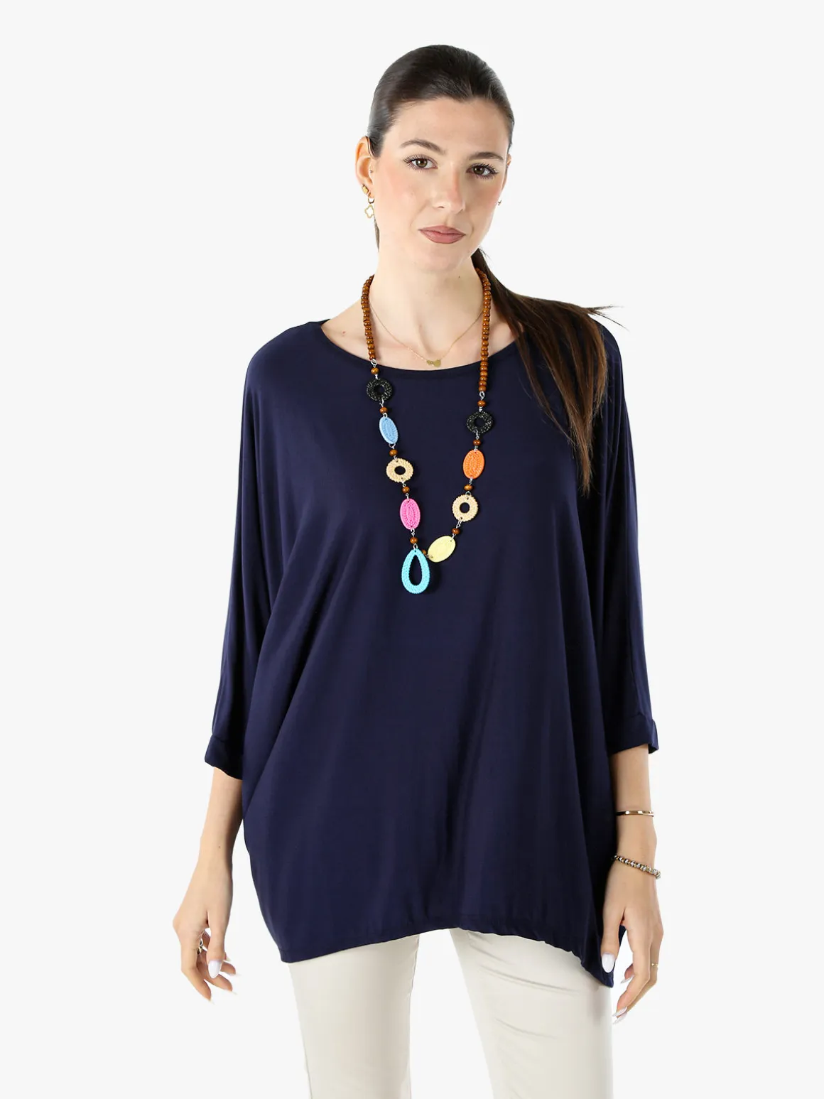 Solada Maxi blusa da donna in viscosa con maniche a pipistrello - blu scuro