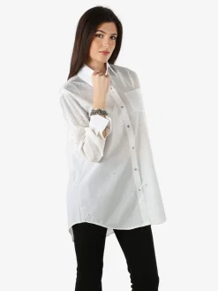 Solada Maxi camicia da donna con bottoni gioiello e strass - bianco