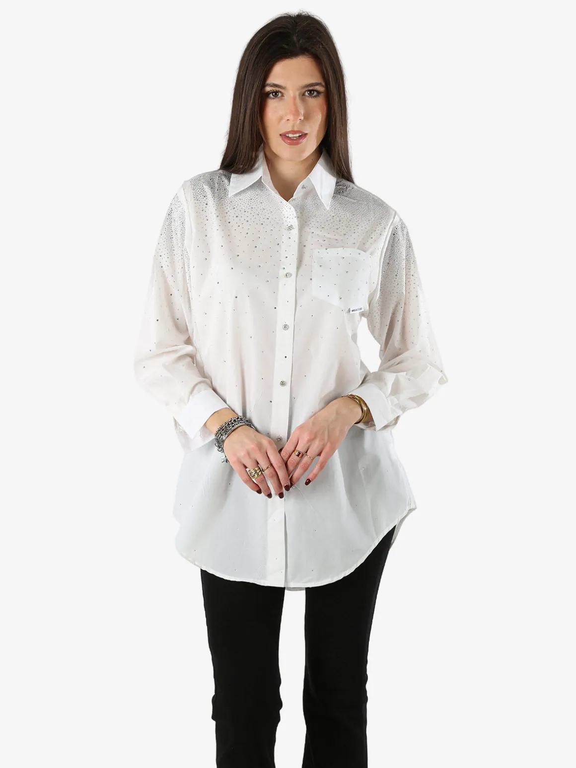 Solada Maxi camicia da donna con bottoni gioiello e strass - bianco