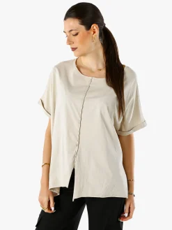Solada Maxi t-shirt donna in cotone con maniche risvoltate - beige