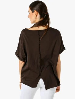 Solada Maxi t-shirt donna in cotone con maniche risvoltate - marrone