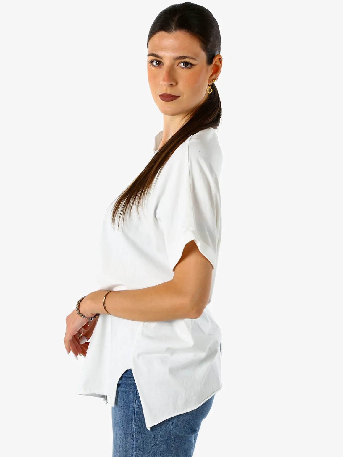 Solada Maxi t-shirt donna in cotone con maniche risvoltate - bianco