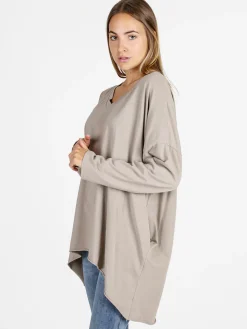 Solada Maxi t-shirt donna in cotone a maniche lunghe - beige