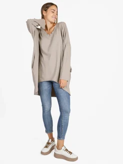 Solada Maxi t-shirt donna in cotone a maniche lunghe - beige