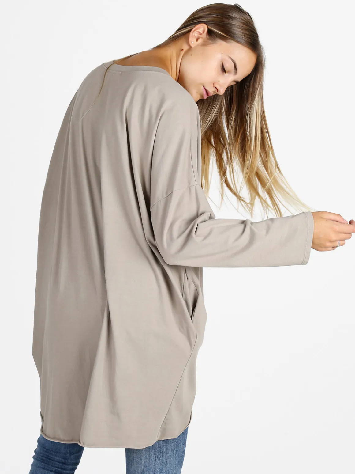 Solada Maxi t-shirt donna in cotone a maniche lunghe - beige