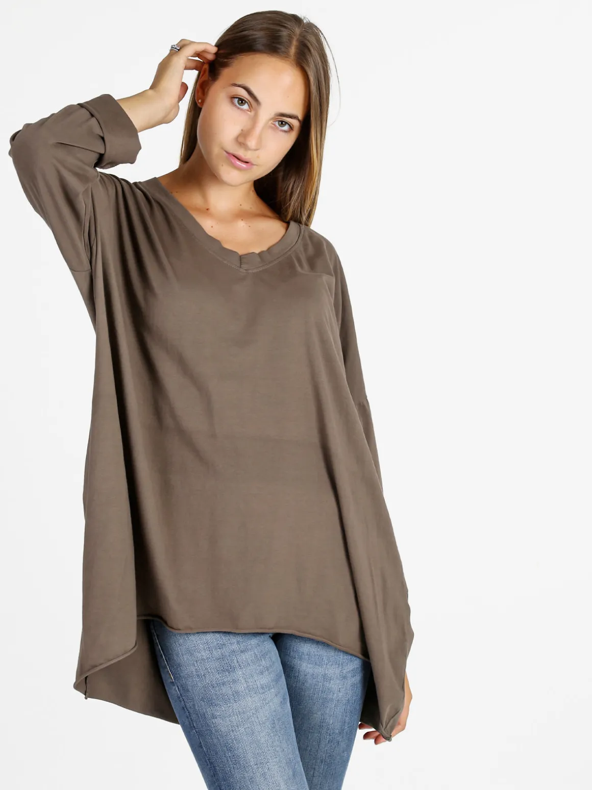 Solada Maxi t-shirt donna in cotone a maniche lunghe - fango