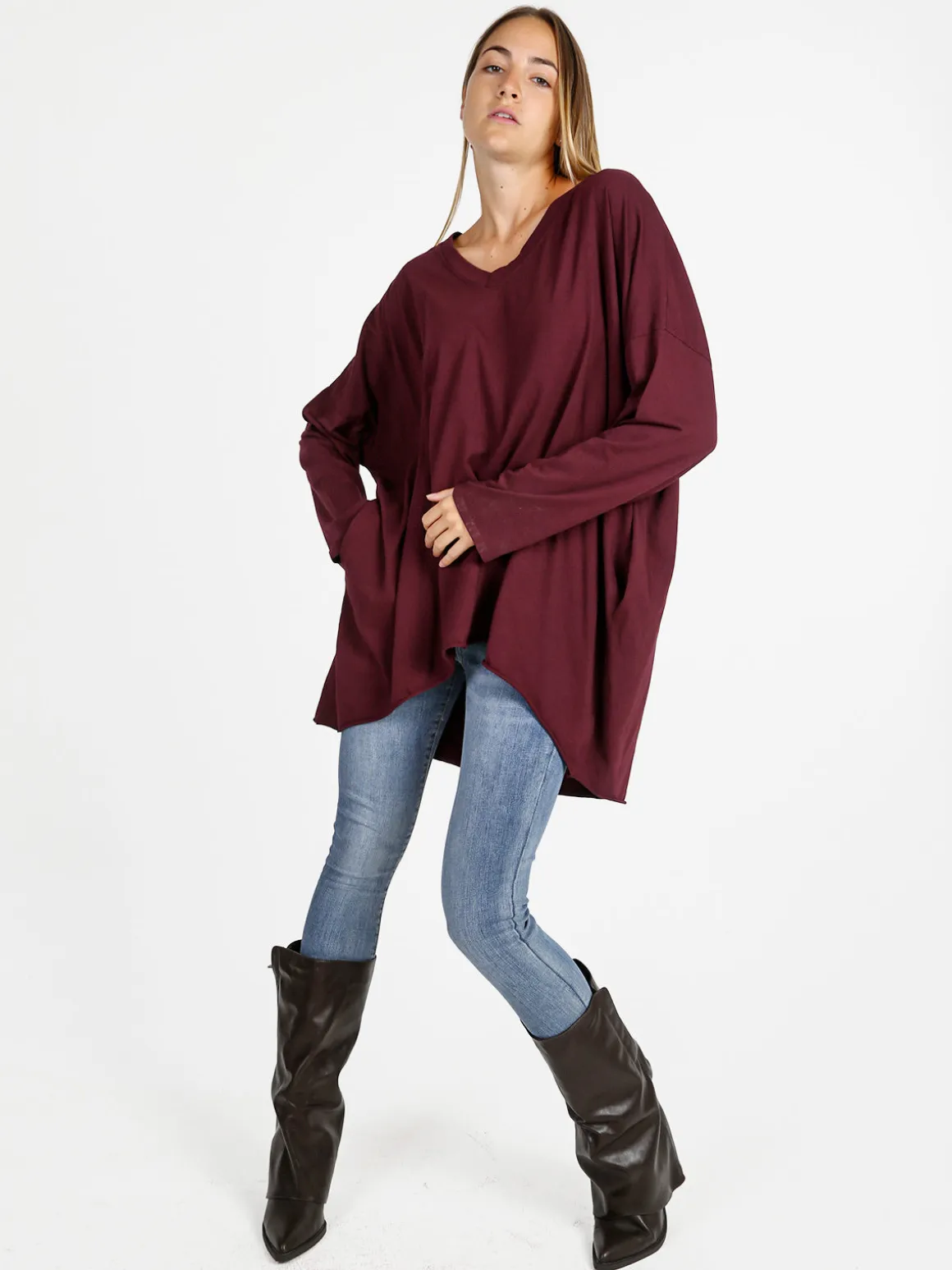 Solada Maxi t-shirt donna in cotone a maniche lunghe - bordeaux