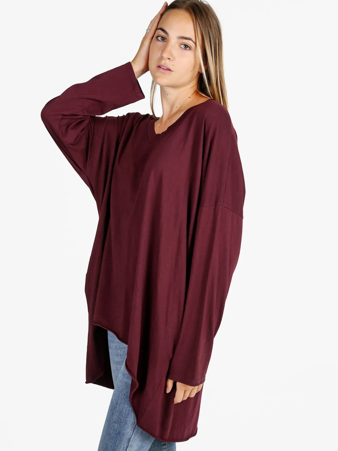 Solada Maxi t-shirt donna in cotone a maniche lunghe - bordeaux