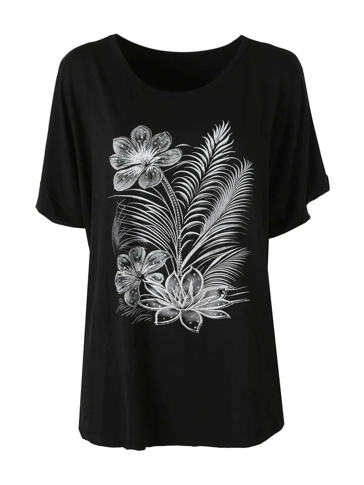 Solada Maxi t-shirt donna in viscosa con stampa fiori e dettagli micro borchie - nero