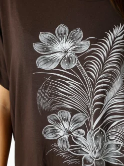 Solada Maxi t-shirt donna in viscosa con stampa fiori e dettagli micro borchie - marrone