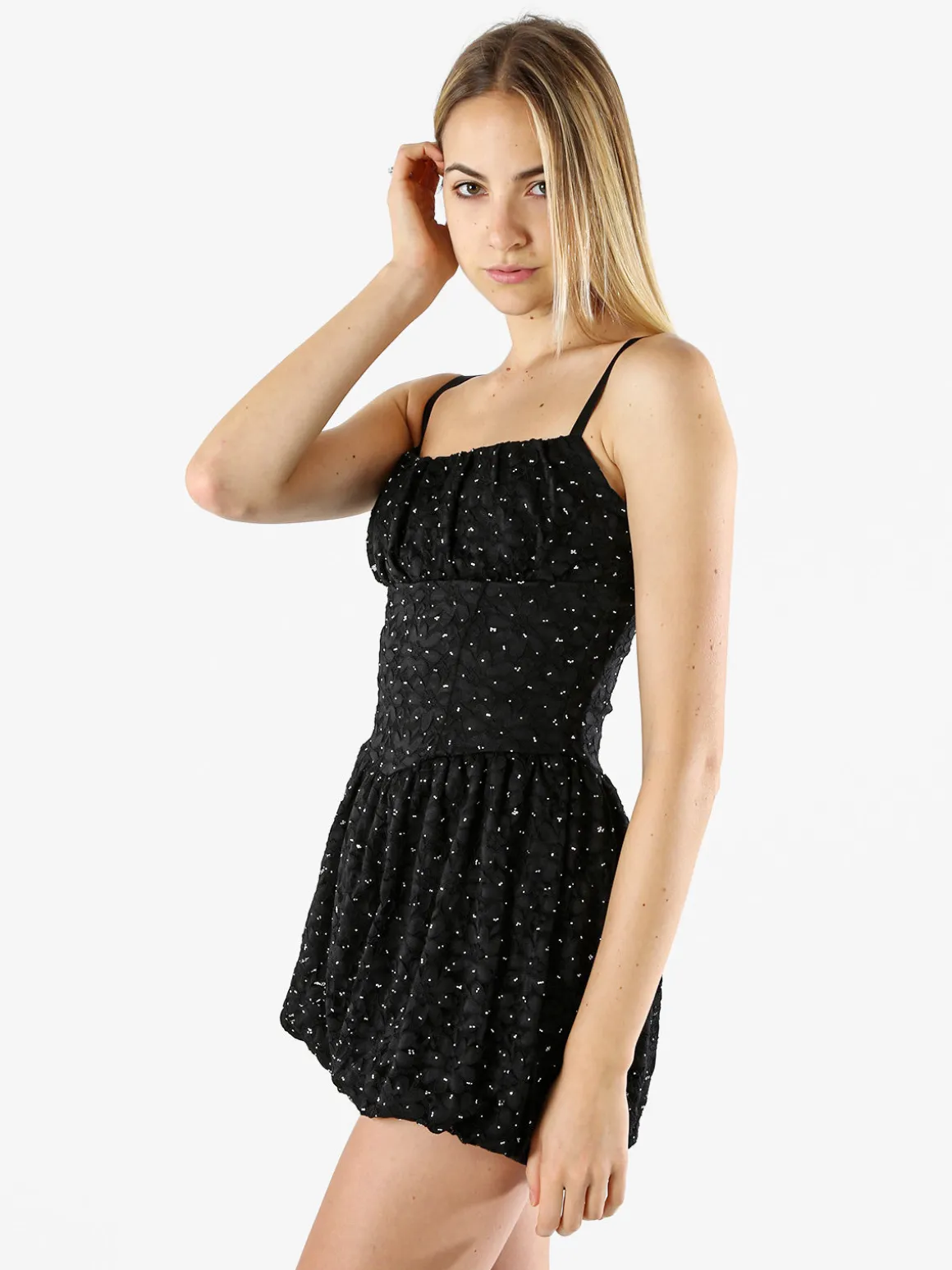 Solada Mini abito jumpsuite da donna con gonna a palloncino e strass - nero