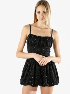 Solada Mini abito jumpsuite da donna con gonna a palloncino e strass - nero
