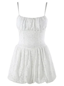 Solada Mini abito jumpsuite da donna con gonna a palloncino e strass - bianco