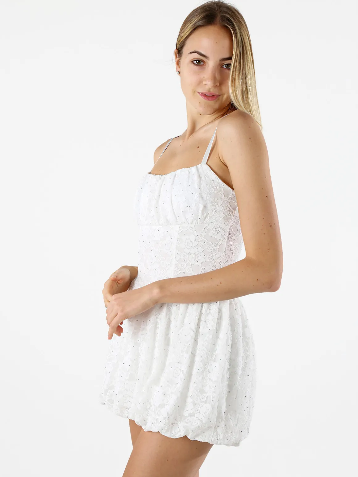 Solada Mini abito jumpsuite da donna con gonna a palloncino e strass - bianco