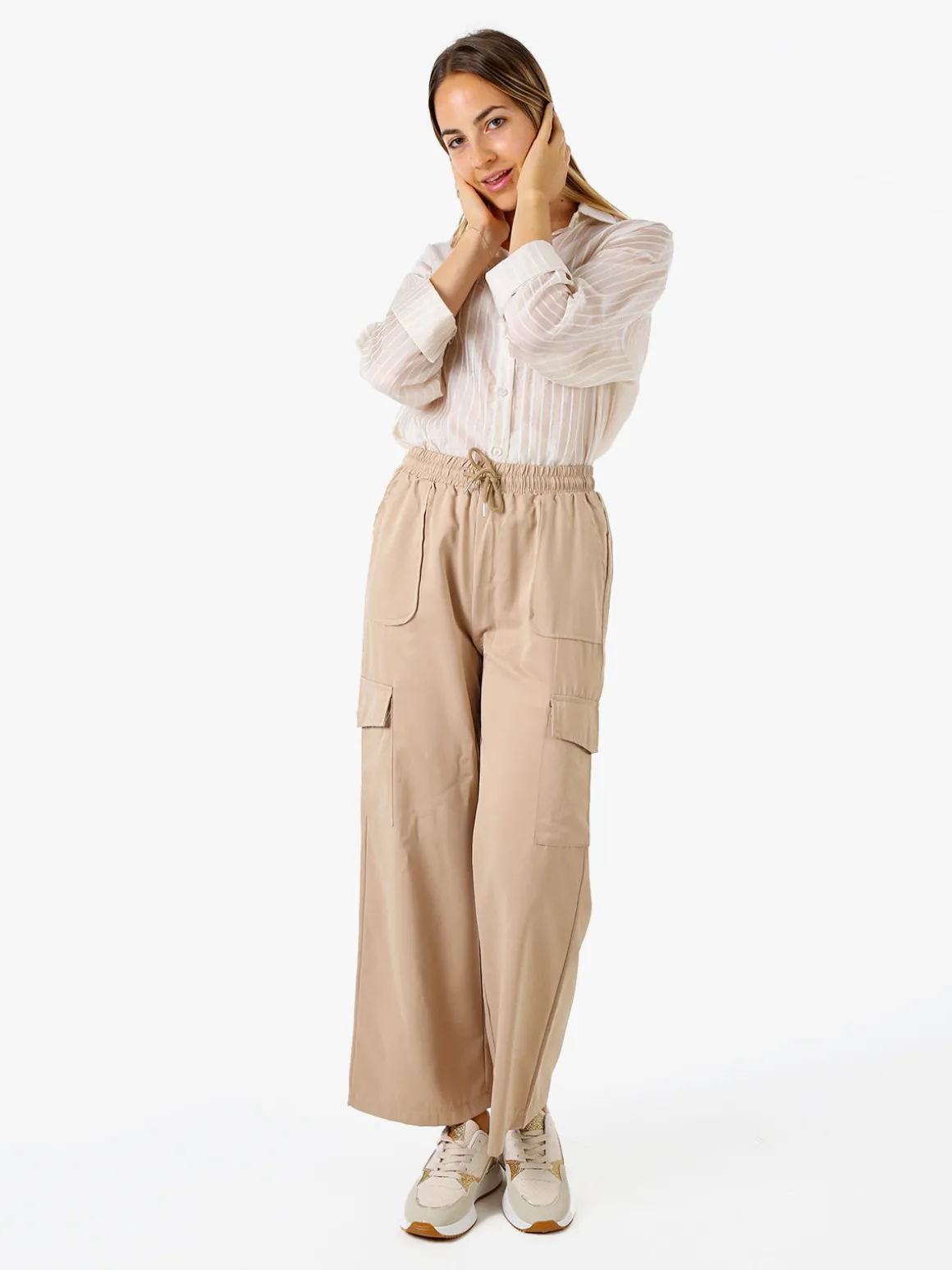 Solada Pantaloni donna a gamba larga con tasconi laterali e coulisse - khaki