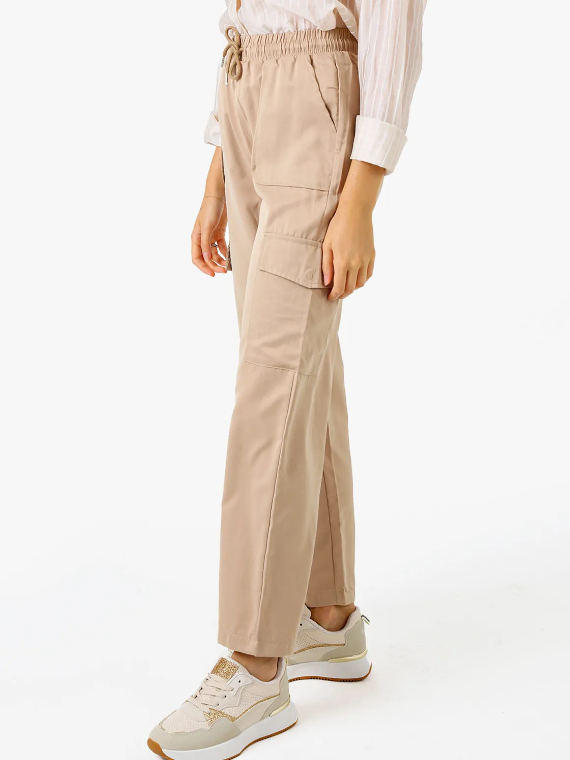 Solada Pantaloni donna a gamba larga con tasconi laterali e coulisse - khaki
