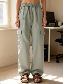 Solada Pantaloni donna a gamba larga con tasconi laterali e coulisse - pistacchio