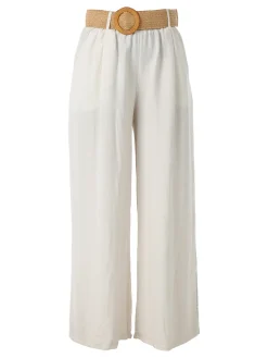 Solada Pantaloni donna a gamba larga in viscosa con cintura in rafia - beige
