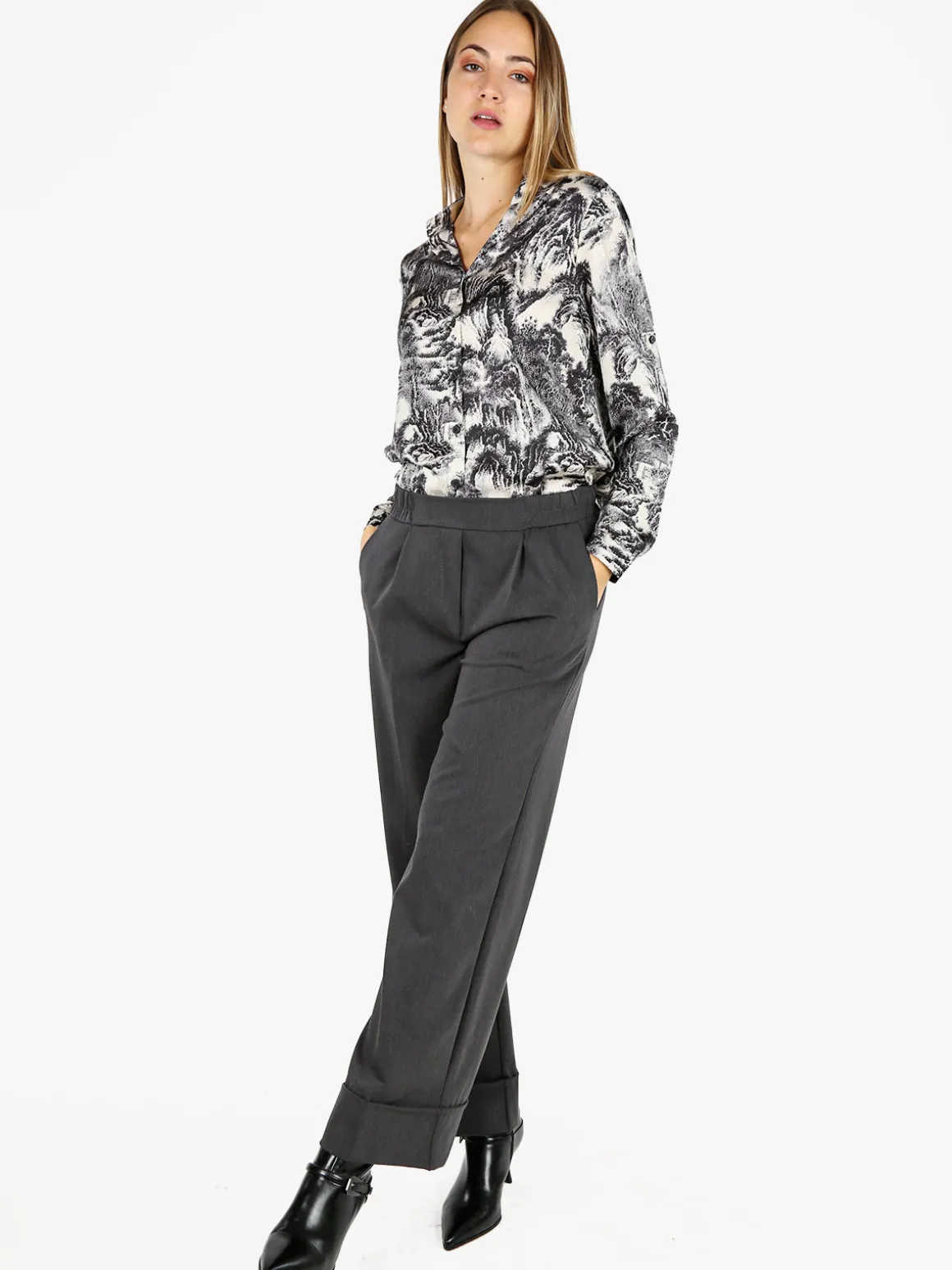 Solada Pantaloni donna a gamba larga con risvolto - grigio scuro