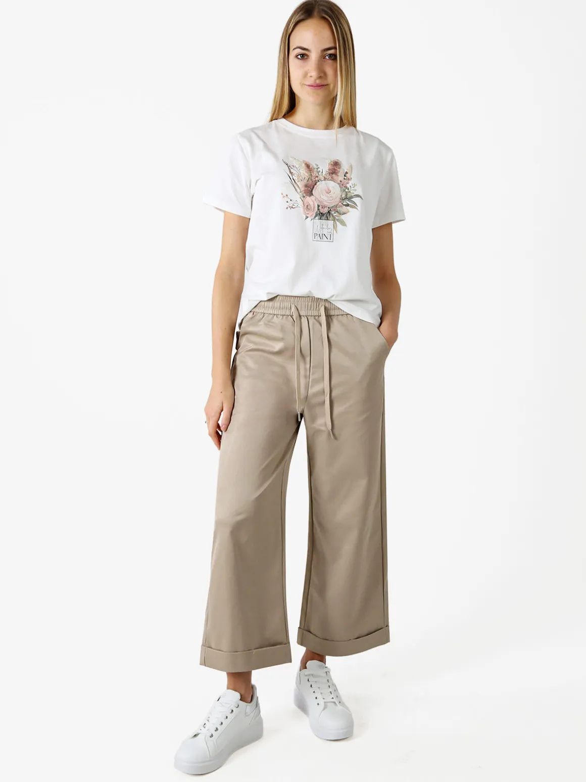 Solada Pantaloni donna a palazzo con risvolto - khaki