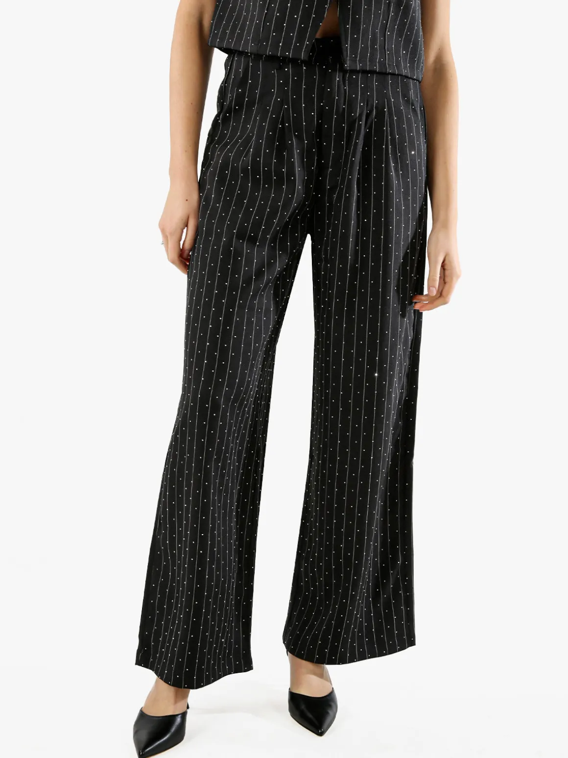 Solada Pantaloni donna a palazzo con micro borchie luccicanti - nero
