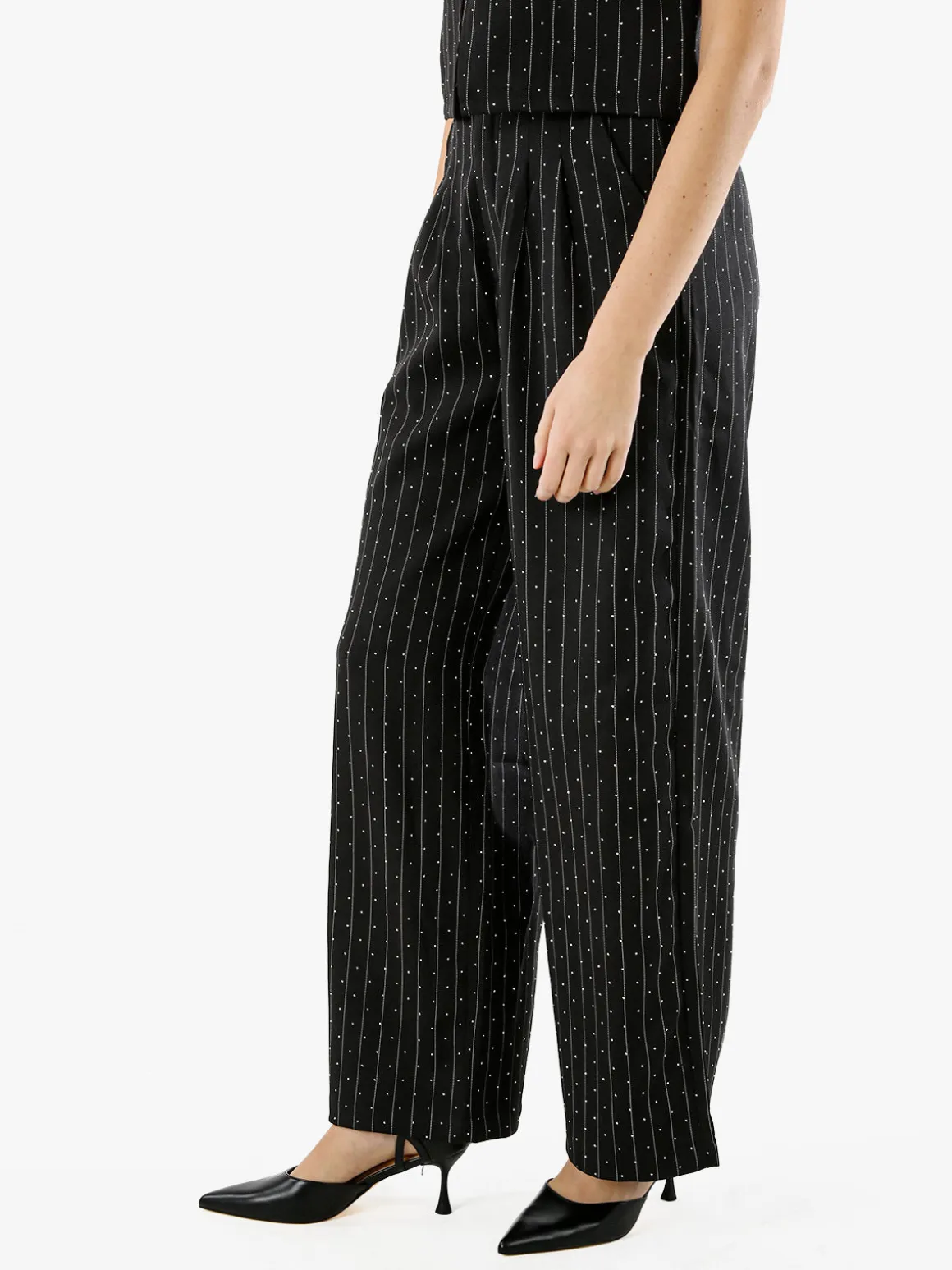 Solada Pantaloni donna a palazzo con micro borchie luccicanti - nero