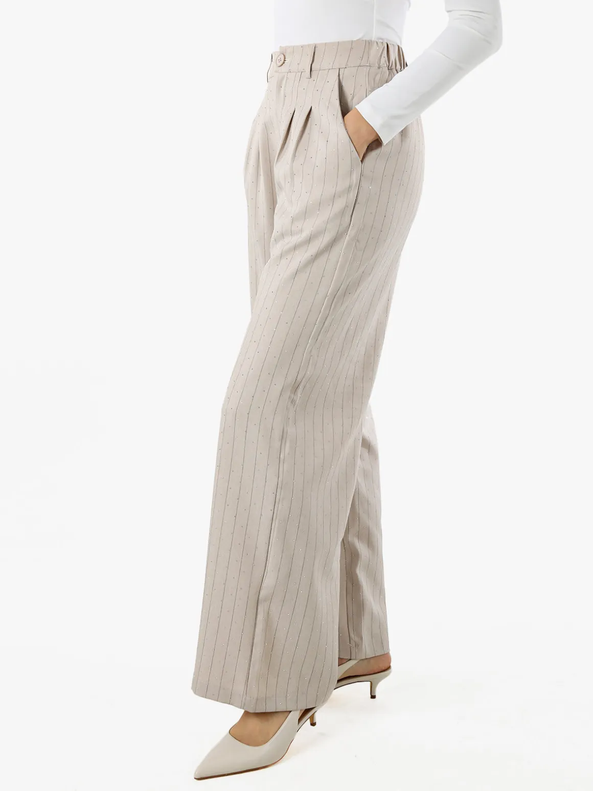 Solada Pantaloni donna a palazzo con micro borchie luccicanti - beige