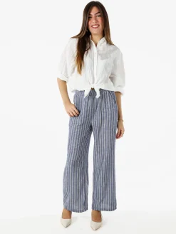 Solada Pantaloni donna a righe in misto lino - blu