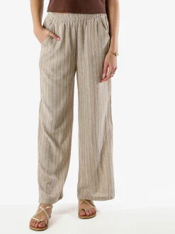 Solada Pantaloni donna a righe in misto lino - khaki