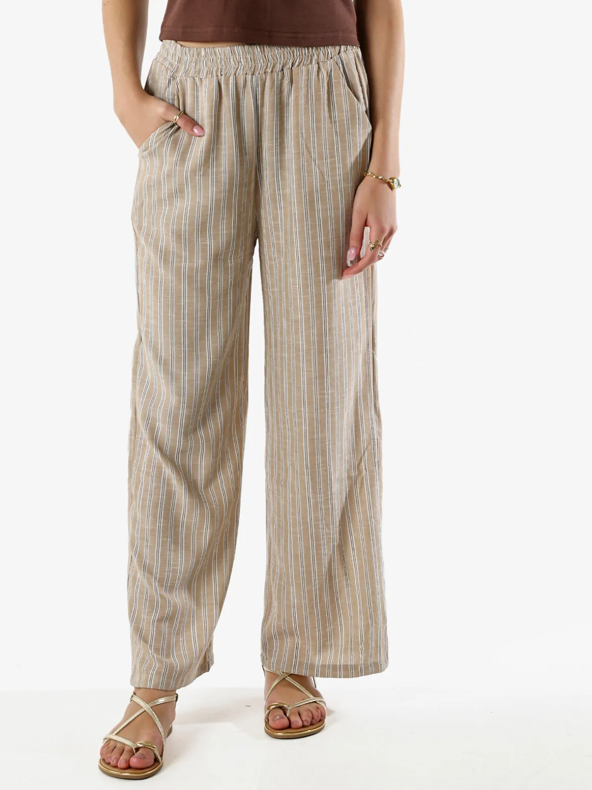 Solada Pantaloni donna a righe in misto lino - khaki