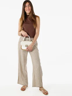 Solada Pantaloni donna a righe in misto lino - khaki