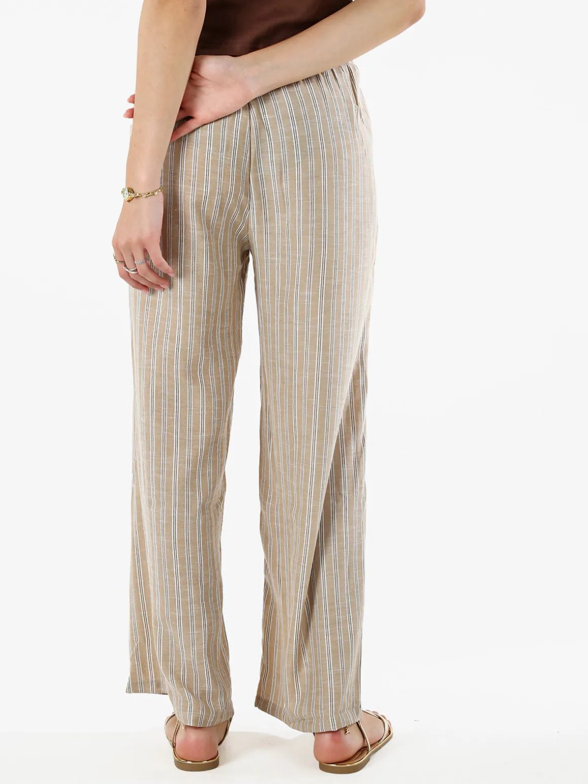 Solada Pantaloni donna a righe in misto lino - khaki
