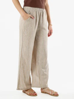 Solada Pantaloni donna a righe in misto lino - khaki