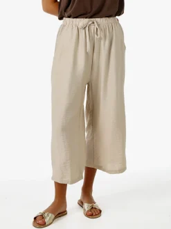Solada Pantaloni donna cropped a gamba larga con coulisse - beige