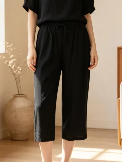 Solada Pantaloni donna cropped a gamba larga con coulisse - nero