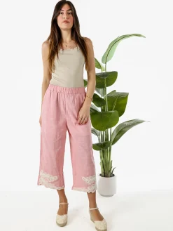 Solada Pantaloni donna culotte in misto lino e cotone con ricami sul finale - rosa
