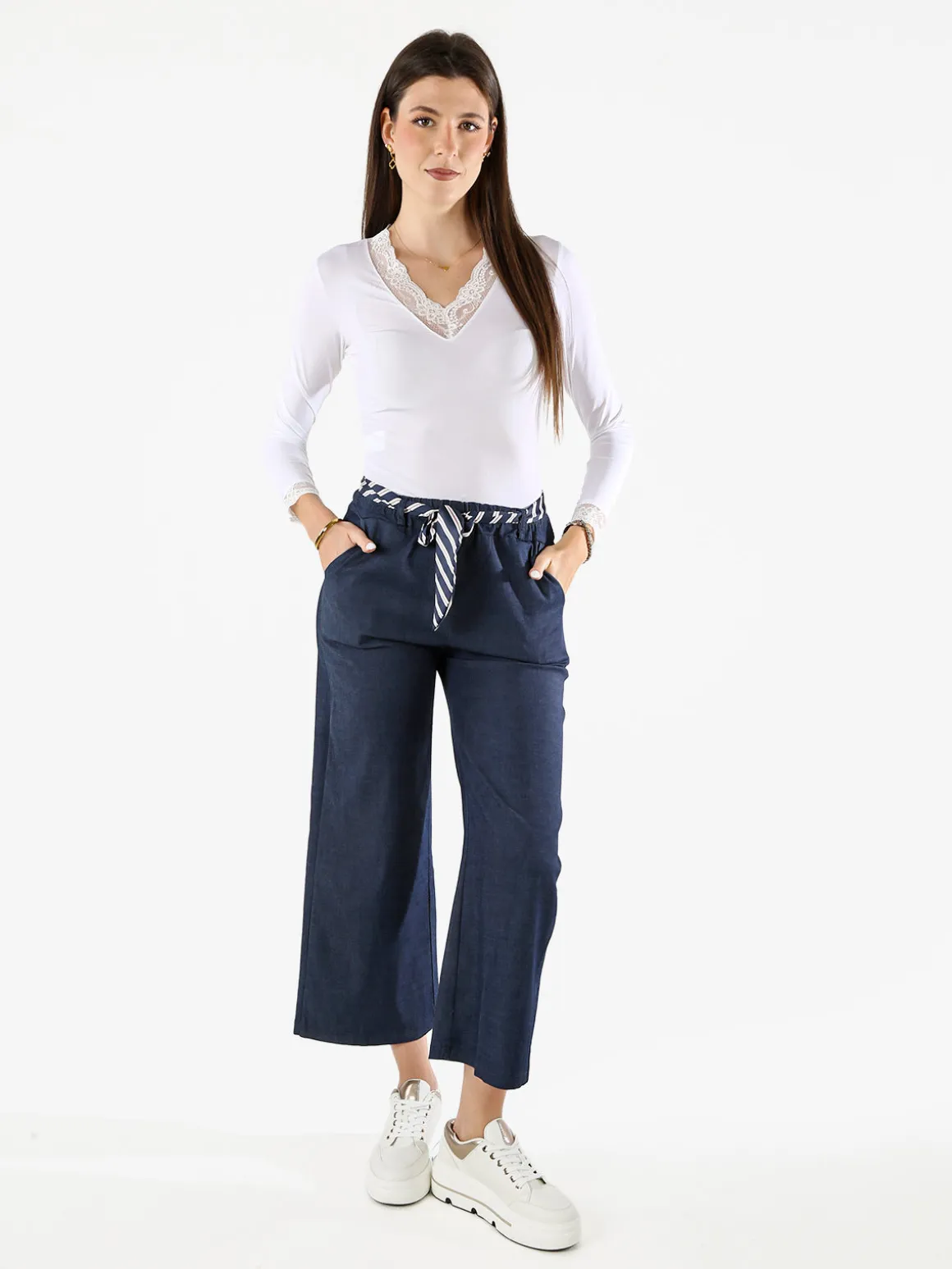 Solada Pantaloni donna culotte effetto jeans con cintura a foulard - jeans