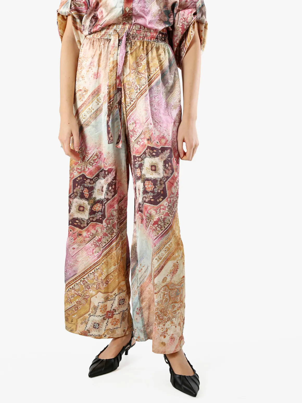 Solada Pantaloni donna effetto seta a gamba larga con stampe - multicolore